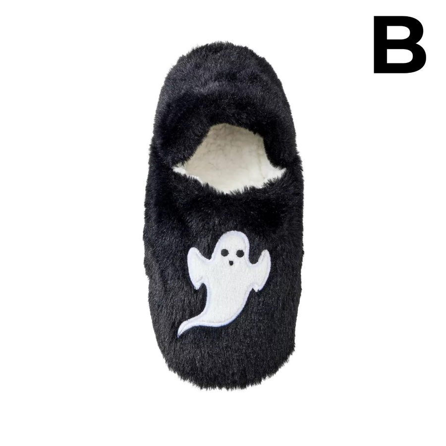 Women's Ghost Embroidered Halloween Faux Fur Slipper Socks with Grippers - Hyde and EEK Boutique™ Black/White PREVENTA