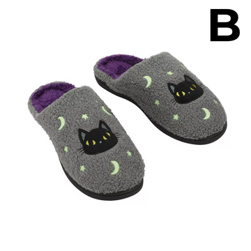 Halloween Black Cat Glow Moon & Stars Adult Gray Scuff Slippers PREVENTA