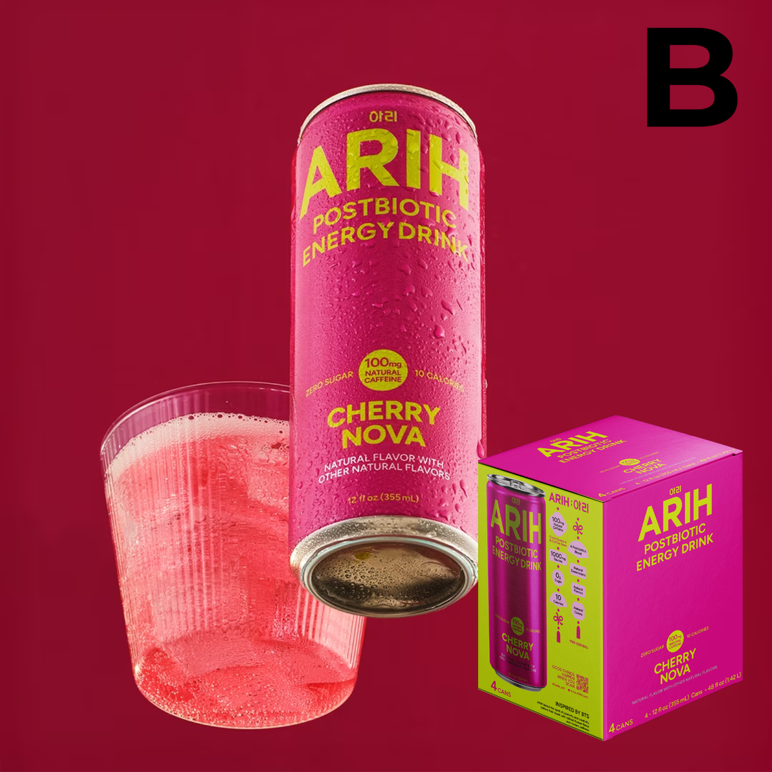 ARIH Postbiotic Energy Drink, Zero Sugar Clean Energy Drink with 100mg Natural Caffeine, Tropical Wave, 12 fl oz, 4 Pack **PREVENTA**