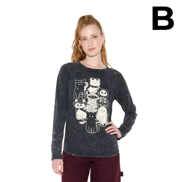 Women's Halloween Cats Long Sleeve Graphic T-Shirt - Black PREVENTA