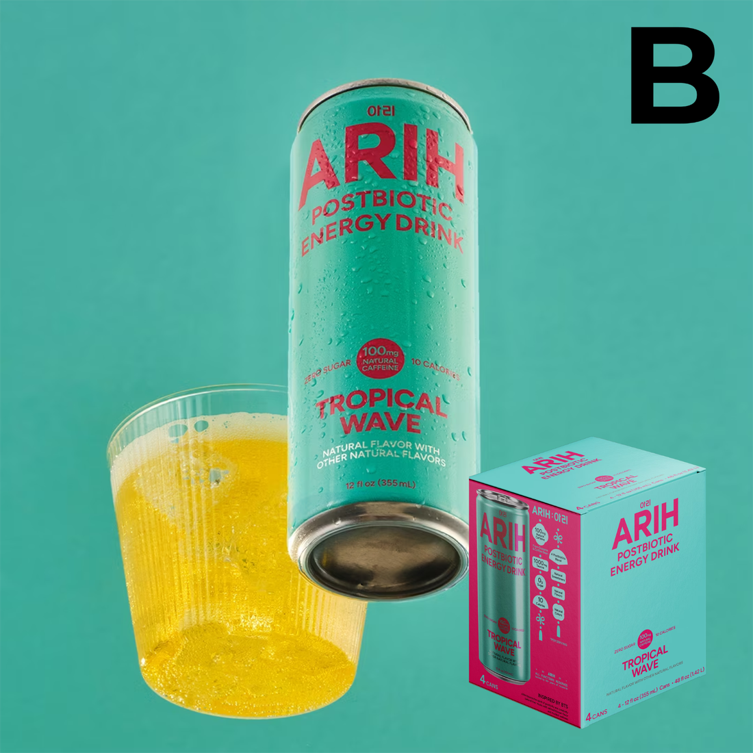 ARIH Postbiotic Energy Drink, Zero Sugar Clean Energy Drink with 100mg Natural Caffeine, Tropical Wave, 12 fl oz, 4 Pack **PREVENTA**
